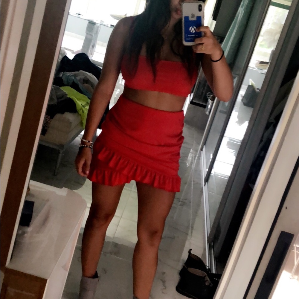 Red two piece outfit skirt and crop top set